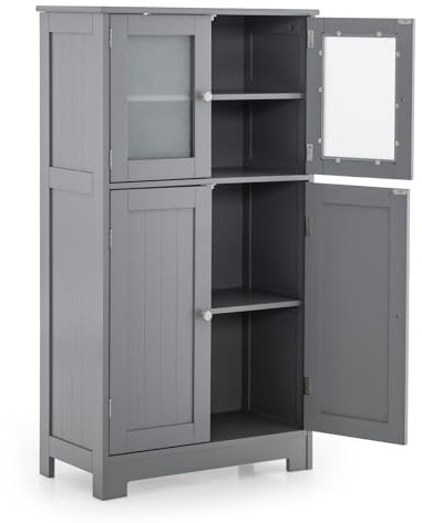LIFEZEAL Mueble de Baño, Armario de Suelo con Estante Ajustable, Armario con Doble Puerta de Cristal, Mueble de Almacenaje de Madera para Cocina, 30x60x109 cm (Gris)