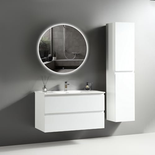 Alpenberger Waschbecken mit Unterschrank 100 cm Breit | Waschbeckenunterschrank Gäste WC | Led Badspiegel | Runder Spiegel mit Beleuchtung | Badschrank Schmal Hochschrank (Vivento 100 Weiß)