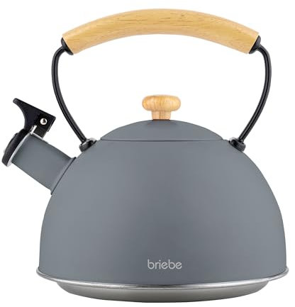briebe Nordic Bouilloire Induction Sifflante 2,3L, Retro, Acier Inoxydable, Tout Feux: Plaque Vitrocéramique, Gaz, Électrique, Poignée en Bois Cool Touch, Vintage, Pour Thé, Café, Tea Pot, Gris