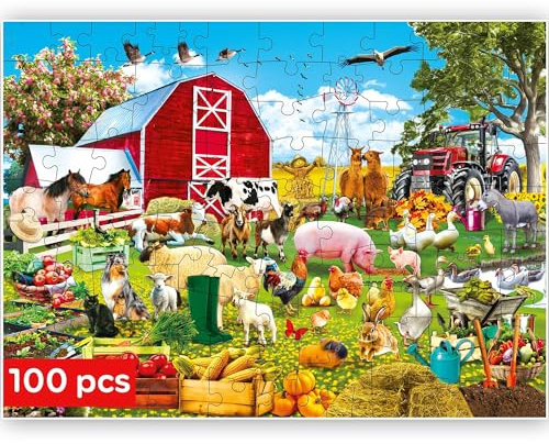 QUOKKA Puzzle 100 Teile Kinder - Solo Puzzle ab 4 5 6 Jahre Für Mädchen und Jungen - Spielzeug zum Lernen von Realistisch Tiere auf dem Bauernhof - Spiele Geschenk für Mädchen und Jungen 7 8 9