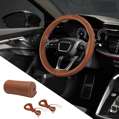 deemars Coprivolante, Coprivolante in Pelle, Coprivolante Cucito a Mano, Accessori Auto fai da te Cucito con Filo D'ago Antiscivolo Auto Ruota Protettore Fit per Auto Camion (Marrone, Foro pieno)