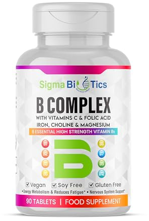 SigmaBiotics 8 B Complex Vitamins, B12, Vitamin C - Folic Acid, Biotin, Choline, Magnesium, B1, B2, B3, B5, B6 Vitamins - Vegan & Gluten Free - 90 Tablets - One Per Day - 3 Months Supply