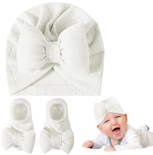 Kunyeah Neugeborenes Baby Mädchen Hut gestrickt Socken Set Säugling Beanie Cap Baby Krankenhaus Hüte Kleinkind weich warm Mütze für 0-12 Monate (DE/NL/SE/PL, Alter, Einheitsgröße, Weiß)
