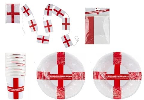 62 Piece England Party Pack Paper Tableware, Red and White St George Flag Print 12 Bowls 24 Plates, 24 Cups, Tablecloth and Bunting