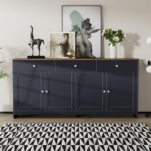 MSMOK Aparador gris y negro con grano de madera, cuatro puertas, tres cajones, sala de estar, comedor.Gris negro y color madera