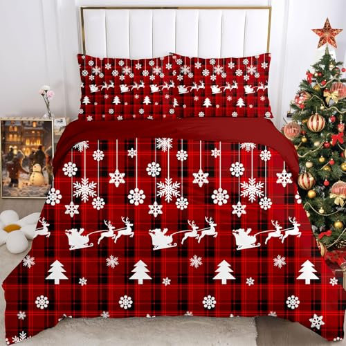 WZXGHE Weihnachtsbettwäschee,Weihnachtsmann Und Elch Bettbezug Set,Weiche Gemütlich Mikrofaser Bettwäsche Weihnachts Set,Weihnachten Geschenk Für Kinder Teenager (Rot kariert, 135x200cm)