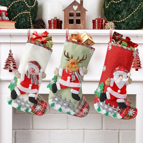 FainFun Nikolausstiefel Set, 3 Stück 32 * 19CM Weihnachtsstrumpf Deko Set, Nikolaussocken aus Jute Stoff, Weihnachtsstrumpf für Kamin Weihnachtsbaum Deko Rentier Weihnachtsmann, Schneemann