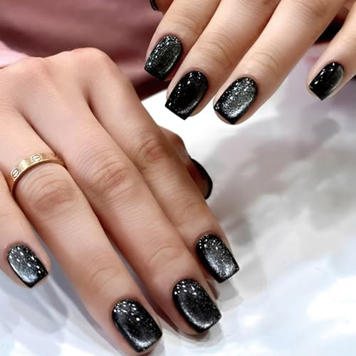 Hebterrka Lot de 24 faux ongles courts courts carrés avec motif yeux de chat noir, faux ongles brillants artificiels à couverture complète
