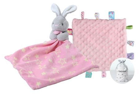 CREVENT Weiches, Flauschiges Schmusetuch mit Tiergesicht für Mädchen und Jungen, Kuschelhäschen + Label