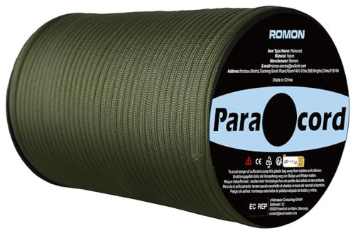 Romon Paracorde 4mm, Corde Escalade Paracord 550 9 Brins Corde en Nylon Corde Parachute Cordelettes, Cordes Tente Rope Cordon Tactiqu pour Survie Extérieur, 250kg Charge de Rupture, Armée Verte 100m