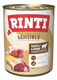 RINTI - Sensible | Nassfutter für Sensible, ausgewachsene Hunde mit natürlichen Fleischstücken. Getreidefreies Alleinfutter in der Dose ohne künstliche Zusätze | 6x800g Lamm + Kartoffel