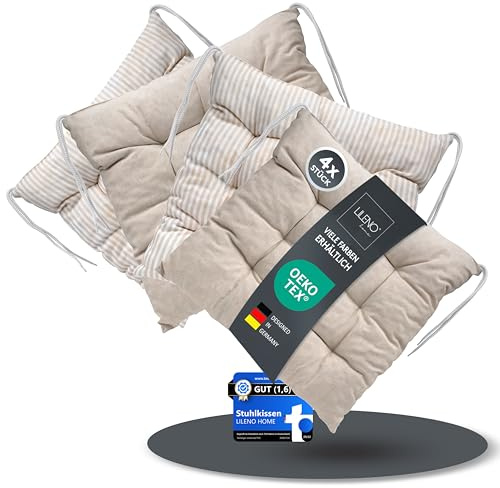 LILENO HOME 4er Set Wende Stuhlkissen Natur (40x40x6 cm) - Streifen Sitzkissen für Gartenstuhl, Küche oder Esszimmerstuhl - Indoor u. Outdoor Stuhlauflage als Stuhl Kissen (Linda FUM)