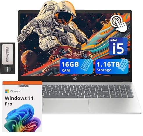 HP Pavilion - Computer portatile touchscreen HD da 15,6, Intel i5-1235U, 16 GB di RAM, 1,16 TB di memoria (SSD da 1 TB + set di docking station da 160 GB), scheda grafica Intel Iris Xe, Num Pad,