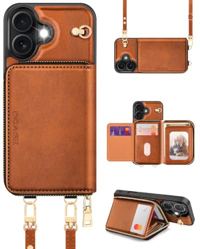 OCASE for iPhone 16 Case, PU Leather Crossbody Zipper Wallet Case with Wrist Strap Lanyard, Kickstand, RFID Blocking Card Slots, Shockproof Phone Cover for 6.1 Inch iPhone 16, Brown