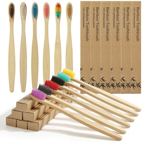 Vicloon Bambus Zahnbürsten, 12 Stück Umweltfreundliche Zahnbürste Weiche Borsten, Bamboo Toothbrush, Natrliches Holzzahnbrste für Erwachsene, Bioabbaubare, BPA Frei, Plastikfrei-Mehrfarbig