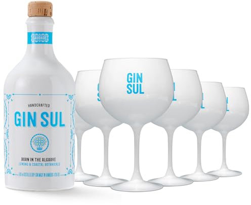 Gin Sul – 1 x 0,5l Hamburger handcrafted Premium Dry Gin 43% Vol. & 6er Set Gin Tonic Gläser, weiss, spülmaschinenfest, 620 ml - Das perfekte Gin Geschenk