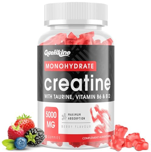 Gominolas de Creatina Monohidratada 5000 mg, Máxima Potencia con L-Taurina, B12 y B6, Potenciador Preentrenamiento Fácil, Más Práctico que el Polvo, Sabor a Bayas, Vegano, 60 Unidad (Paquete de 1)