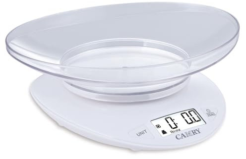 CAMRY Digital Kitchen Scale with Bowl 0.8L,Capacity 5kg/11lb, Multiple Units lb:oz/g/fl'oz/ml, Clear LCD Display Easy Storage-White