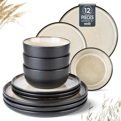 GBHOME Stoneware Dinnerware Set of 4,Round Reactive Glaze Plates and Bowls Set,Highly Chip and Crack Resistant Dishwasher&Microwave Safe Dishes Set, Matte Black Cappuccino Mix (Service for 4.12pc)