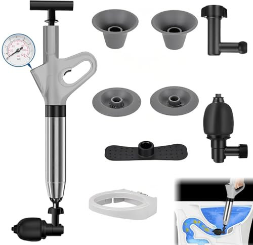 Infreecs Toilet Plunger, High Pressure Toilet Unblocker Heavy Duty, Plunger Sink Unblocker with Visual Barometer & 5 Replaceable Heads, Unblocker Tools for Unblocking Toilets Bathtub Floor Drain
