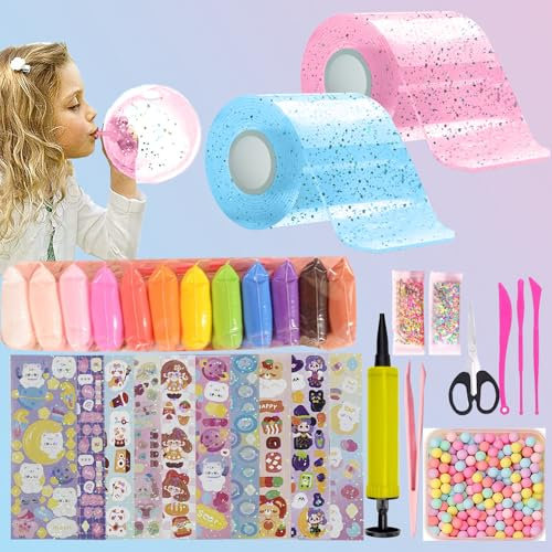 FFTANXS 30 Stück Nano Tape,Nano Tape Bubbles Set Enthalten 2 Nanotape(5cmx3m)+28 Deluxe Materialpakete,Nanoband Party Favors Geschenke,Bubbles DIY Set für ab 3 Jahren Mädchen,Jungen -Rosa + Blau