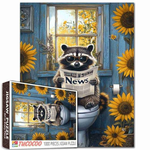 Tucocoo Waschbär Lesen Zeitung Puzzles 1000 Stück, Tier sitzend auf Toilette Kunst Puzzle für Erwachsene Sonnenblumen Bauernhausstil DIY Handwerk Puzzles für Heimdekoration Geschenk, Familienspiele