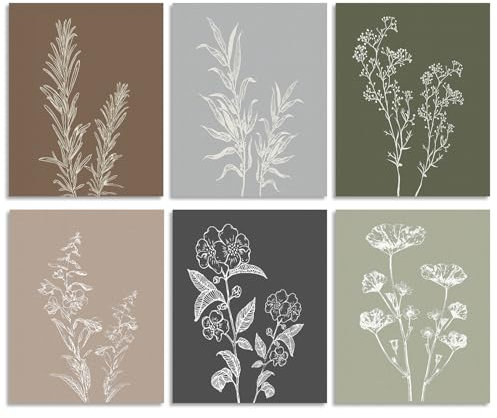 Dazzlewall 6 Stück Vintage Rustikale Botanik Wandbilder, Boho Blumen Bilder für Landhaus Küche Wohnzimmer Deko 8x10 Zoll Ungerahmt