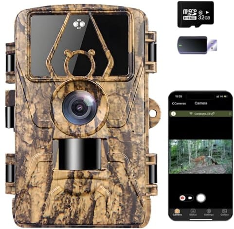 ZYJDGNNY 8K Video Wildlife Kamera, 60MP Full HD WiFi mit Handyübertragungs-App, Bewegungssensor, Nachtsicht, 0,1s Auslösezeit, Infrarot Wildlife Kamera mit 32G Speicherkarte & Karte