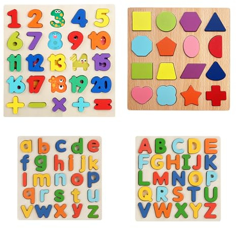 4 PCS Wooden Puzzles for Kids, Number Puzzle and ABC Alphabet Learning Toys, Contains Letters Shapes and Numbers, Alphabet Puzzle for Babies and Children over 3 Years Old