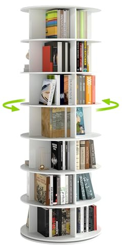 Amveya Drehbares Bücherregal Schmal, Rotating Bookshelf, Bücherturm Freistehend, 360° frei drehbar Standregal Weiß Drehregal Büroregal Dekoregal mit 7 Ebenen MDF Weiß φ59 X H 161.3 cm