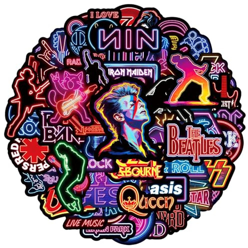 Neon-Rockmusik Aufkleber 50 Stücke Niedlich Deko für Auto Laptop Skateboard Fahrrad Moped Motorrad Fahrrad Computer,Geeignet für Erwachsene Kinder Neon Rock Music ästhetisch Sticker Set
