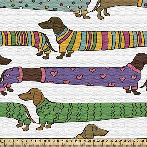 ABAKUHAUS Hundeliebhaber Gewebe als Meterware, Dackel in Kleidung, Schön Gewebten Stoff für Polster und Wohnaccessoires, 1M (148x100cm), Grün Lila