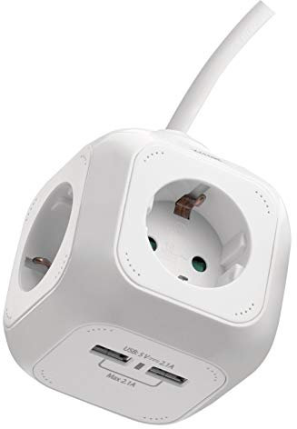 EMOS Cube Steckdosenwürfel, Steckdosenblock Mehrfachsteckdose in Würfelform mit 4 Steckdosen und 2 USB-Ports Schuko, 1,9 m Kabel mit Wand-/Tischhalterung, erhöhtem Berührungsschutz