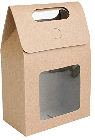 Emartbuy Carta Forte Borsa Regalo In Piedi, 15 cm x 10 cm x 6 cm, Borsa Kraft Marrone Scatola di Biscotti Caramelle Con Finestra Trasparente - Confezione da 12