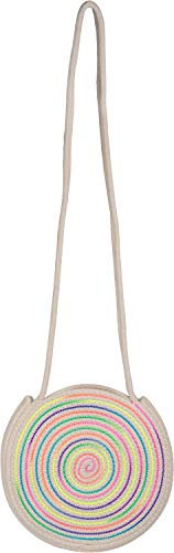 styleBREAKER Damen Runde Bali Bag Umhängetasche mit buntem Neonfaden und geflochtenem Taschengurt, Henkeltasche 02012341, Farbe:Beige