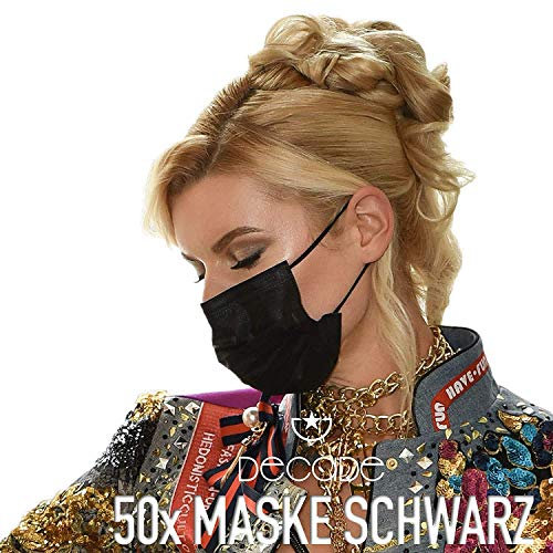 50x DECADE SCHWARZ Einweg Maske Einwegmasken Mundschutz Staubschutz mit Ohrschlaufen EN14683 Atemmasken mit BFE 95% Atemschutzmasken 3lagige OP Maske BLACK…