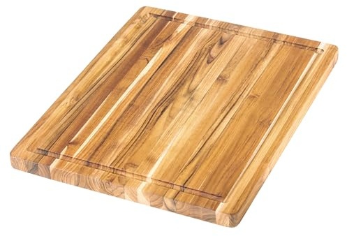 Teakhaus Cutting Board - Medium (M) Wood Cutting Board with Juice Groove and Grip Handles - 18”L x 14”W - Thin, Lightweight, Reversible Teak Edge Grain Wood - Knife Friendly - FSC Certified