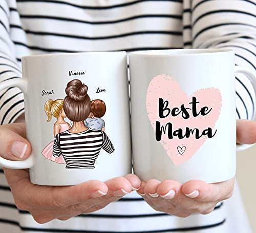 Uniheart Beste Mama - Personalisierte Tasse mit Mutter & Kind (1-2 Kinder) als individuelles Geschenk für Mama/Familie