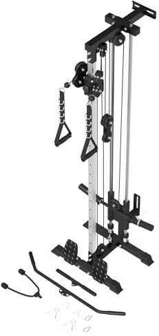 ER Kang Cable Station Wall Mount, 18in Pulley Tower, Dual Pulley System, High & Low Cable Machine, LAT Pull-Down & Row Tower with Flip-Up Footplate, Home Gym Cable Crossover, Black