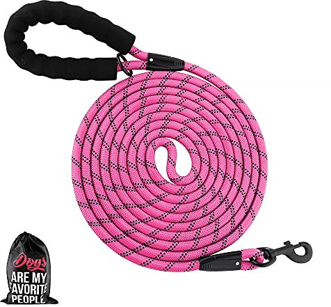 Plutus Pet Long Rope Dog Lead - Comfortable Padded Handle, Reflective Nylon Heavy Duty Rope - 4.5m, 6m, 9m for Small to Large Dogs (4.5m, Pink)