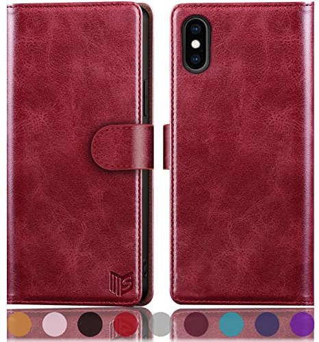 SUANPOT [RFID Schutz für iPhone X/XS 5,8-Zoll hülle PU Leder handyhülle Lederhülle klapphülle Kartenfach Flip Phone Case Cover für iPhone X/XS handyhülle Rot