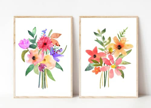 Din A4 Kunstdruck 2er Set ohne Rahmen - Blumenstrauß - Blumen Blüten Aquarell Frühling Sommer Druck Poster Bild