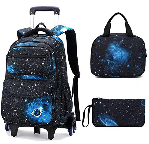 HTgroce Trolley Rucksack Jungen Sternenhimmel Rucksack Schultasche mit Rollen,Trolley Schultasche mit Rollen für Stifttasche und Tragetasche Die Perfekte Wahl für Schule.