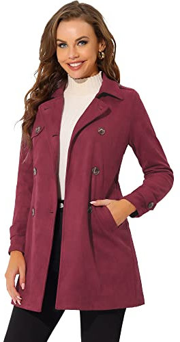 Allegra K Women's Notched Lapel Double Breasted Faux Suede Trench Coat Jacket with Belt Deep Red M