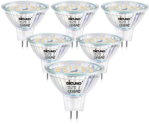 DiCUNO Lampadina LED dimmerabile GU5.3 MR16, Bianco caldo 2700K, 12V, 5W equivalente a lampade alogene 50W, 440LM, Faretto LED dimmerabile per soffitto, 6 pezzi