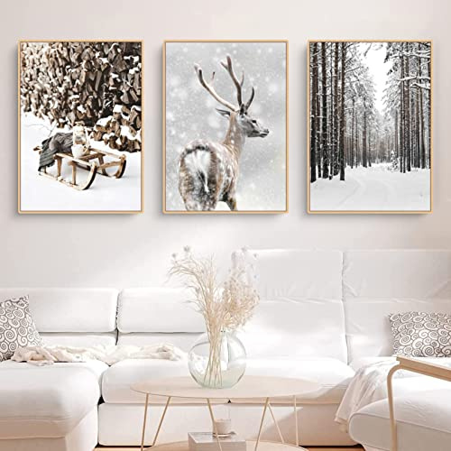 TROYSINC 3er Premium Poster Set, Winter Bilder, Elch, Holzhaus, Wald Wandkunst Wandbilder, Leinwand Drucke Wohnzimmer Bilder Modern Wanddeko Bilder, Kein Rahmen (B,40x60cm)