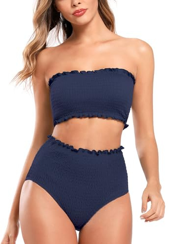 SHEKINI Women's Smocked Bikini Set High Waisted Bandeau Swimsuit Padded Tummy Control Two Pieces Bathing Suits, Blue, Medium