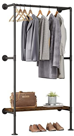 WOLTU Kleiderstange industrial schwarz,Kleiderständer für Wandmontage,Garderobenständer mit Ablage,für Schlafzimmer,Kleiderstangensystem aus Metallrohren MDF