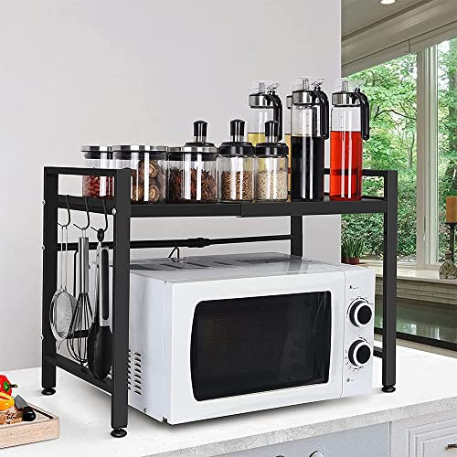 Support Extensible Four à Micro-Ondes à Charge Lourde, Support d'étagère de Cuisine Four à Micro-Ondes à Hauteur Meuble Réglable, Étagère à Micro-ondes avec 2 Niveaux en Acier au Carbone (Noir, 2pcs)