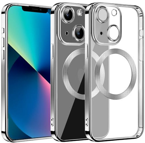 S. Dawezo Klare Magnetische Hülle für iPhone 13, kompatibel mit MagSafe Kabelloses Laden, Militärnorm Schutz, Kratzfest, Stoßfest, Schlanke Transparente Silikonhülle für iPhone 13 Hülle, Silber